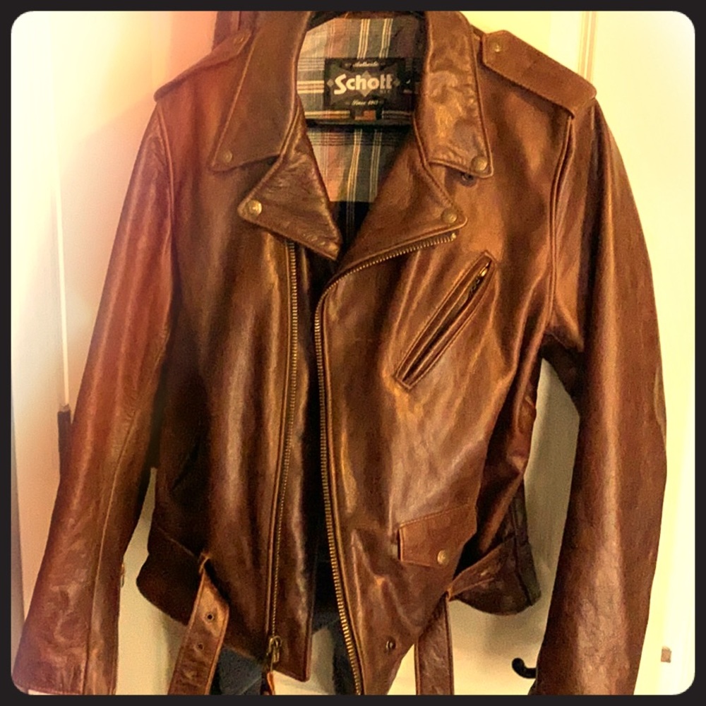 Schott NYC Leather Biker Jacket Brown L